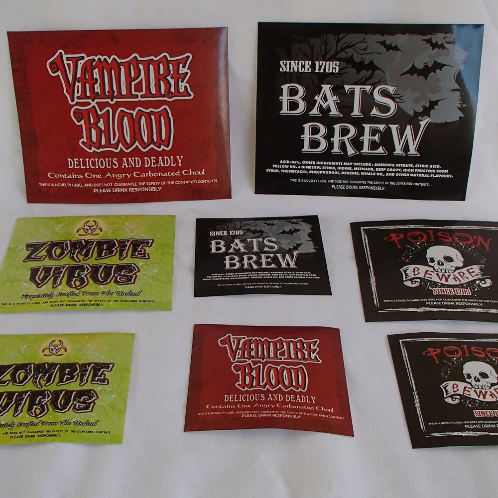 Halloween Bottle Labels Stickers 8 NIP 4 Sml 2 Med 2 Lge Beer Wine Soda NIP